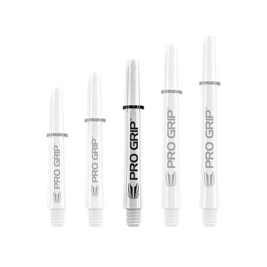 Target Pro Grip Shafts – 3 sady – White Das Bild zeigt fünf weiße Dartschäfte mit der Aufschrift "PRO GRIP". Sie sind in einer Reihe nach ihrer Länge sortiert.