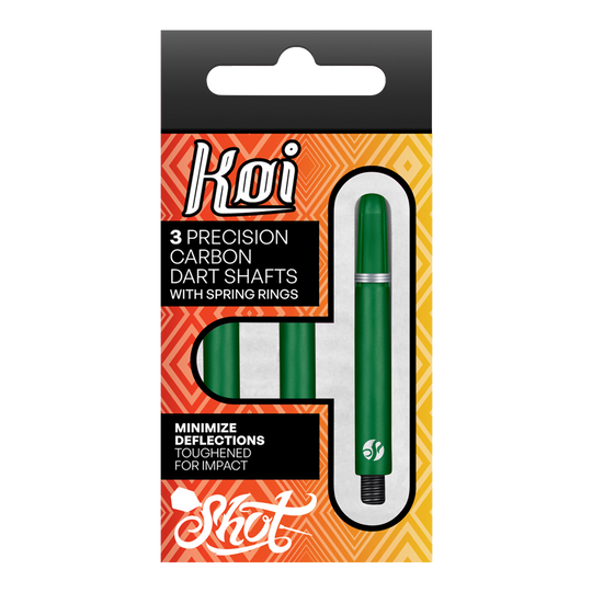 Die Verpackung zeigt drei grüne Präzisions-Carbon-Dartschäfte mit Federringen der Marke Koi. Sie sind darauf ausgelegt, Ablenkungen zu minimieren und sind für hohe Belastungen verstärkt.
