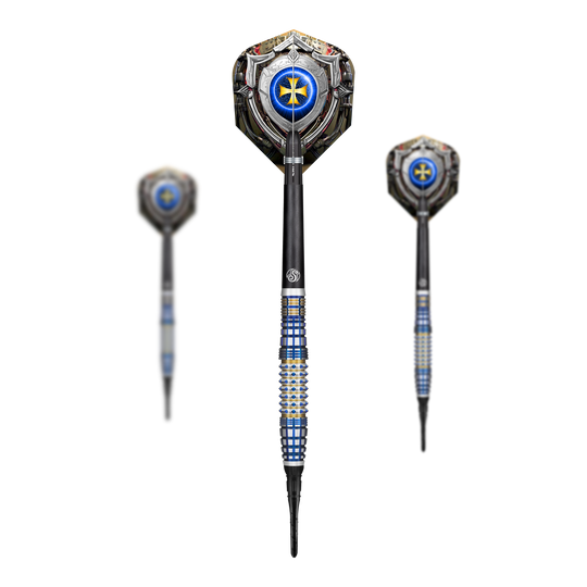 Auf dem Bild sind drei Softdarts des Modells 'Shot Future Knights Darkstar Softdarts - 20g' zu sehen. Die Darts haben ein futuristisches Design mit blauen und silbernen Akzenten.