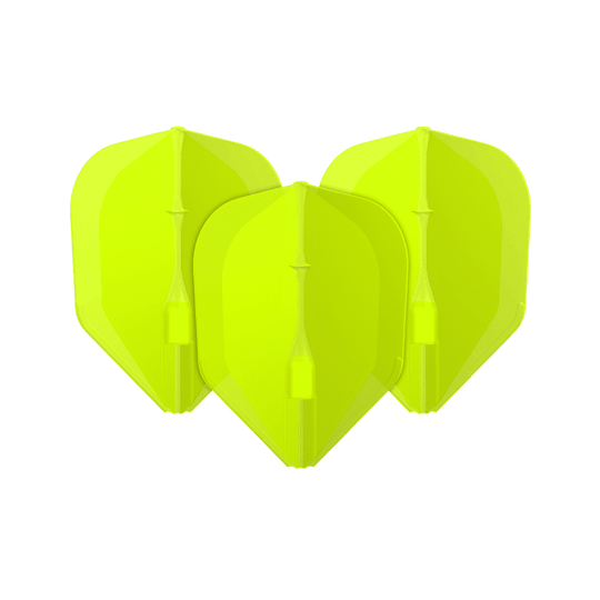 Lety L-L-Style3EZ Das Bild zeigt drei neon-gelbe Dartflights. Sie stehen nebeneinander und haben eine klassische Pfeilform.