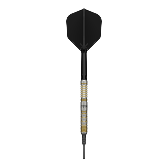 Auf dem Bild ist ein Softdartpfeil des Modells "Target Japan Black Marque Reyn GEN2 Softdarts - 17,5g" zu sehen. Er hat eine silberne und goldene Griffzone sowie schwarze Flights und Spitze.
