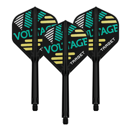 Systém standardní letové hřídele Target K-Flex Rob Cross No2 Auf dem Bild sind drei Dart-Flights mit Schäften zu sehen. Die Flights sind schwarz und tragen die Aufschrift "VOLTAGE" und "TARGET" in grüner und weißer Farbe.