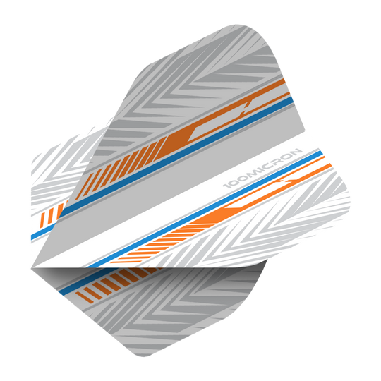 Das Bild zeigt ein Pentathlon Standard Dartflight in den Farben Weiß, Orange und Blau. Das Flight hat ein modernes, grafisches Muster mit der Aufschrift "100 MICRON".