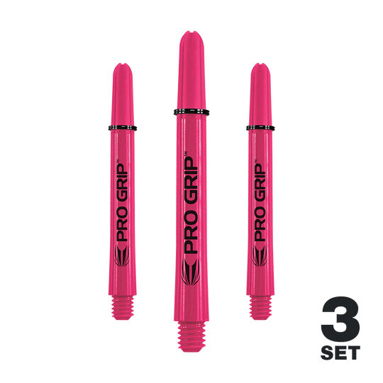 Target Pro Grip Shafts - 3 sady - Pink Das Bild zeigt drei pinke Pro Grip Shafts für Dartpfeile. In der rechten unteren Ecke steht "3 SET".