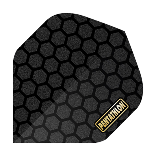 Lety v pětiboji RT Honeycomb Dieses Bild zeigt ein Dartflight mit einem schwarzen Wabenmuster. In der Ecke steht das Wort "PENTATHLON" in gelber Schrift auf einem weißen Hintergrund.