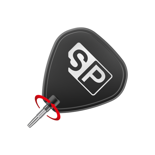 Zaměřte hroty šipek Swiss Firepoint Silver Das Bild zeigt eine schwarze Dartspitze mit der Aufschrift "SP" in Weiß. Neben der Spitze befindet sich ein roter Pfeil, der eine Drehbewegung anzeigt.