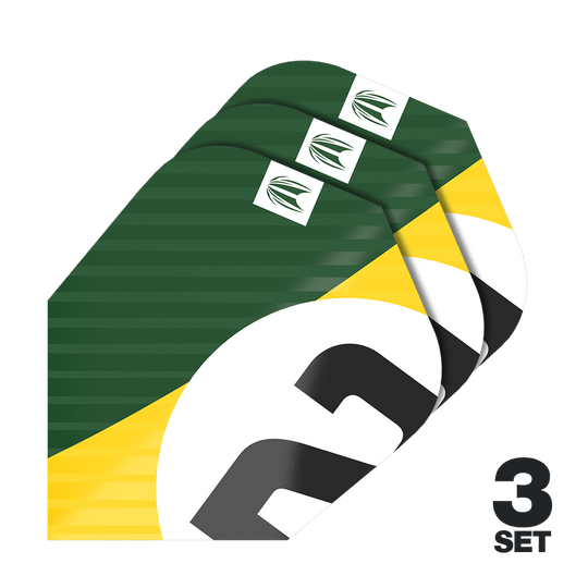 Lety Target Pro Ultra Chicane Green Ten-X – 3 sady Das Bild zeigt drei Dart-Flights im grünen, gelben und weißen Design. Unten rechts steht "3 SET", was auf drei Sets hinweist.