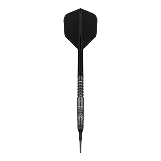Abbildung der Target Black Marque Creed Softdarts mit einem Gewicht von 21,5g. Die Besonderheiten der Darts sind gut erkennbar.