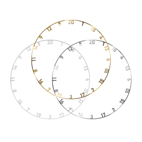 Das Bild zeigt drei Zahlenringe für ein Steeldartboard in den Farben Gold, Silber und Weiß. Die Zahlenringe sind kreisförmig und überlappen sich teilweise.