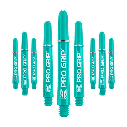 Target Pro Grip Shafts - 3 sady - Aqua Das Bild zeigt neun aqua-farbene Dartschäfte mit der Aufschrift "PRO GRIP". Sie sind in drei Reihen angeordnet und haben ein einheitliches Design.