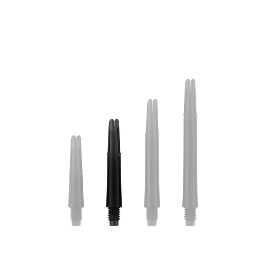 L-L-Style-Shafts Uzamčené rovné - Černé Auf dem Bild sind vier schwarze, gerade Dartschäfte in unterschiedlichen Längen zu sehen. Sie stehen nebeneinander aufrecht vor weißem Hintergrund.
