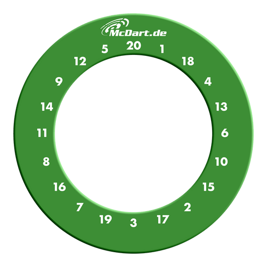 Das Bild zeigt einen grünen Dartboard-Surround-Ring mit weißen Zahlen von 1 bis 20. Oben auf dem Ring steht die Internetadresse "McDart.de".