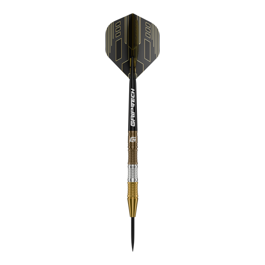 Šipky GOAT Ceremony z wolframové oceli Das Bild zeigt einen GOAT Ceremony Tungsten Steeldart mit einem eleganten Design in Gold, Silber und Schwarz. Auf dem Schaft steht der Schriftzug "GRIP-TECH".