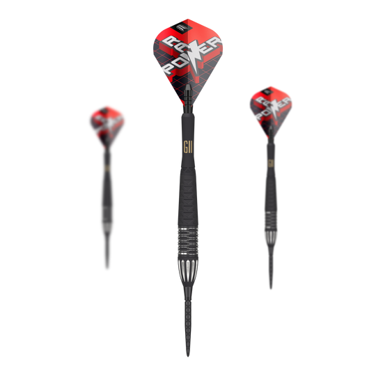 Das Bild zeigt drei Steeldarts des Modells "Target Phil Taylor RAW Power 9Five GEN11 Swiss Point". Die Darts haben schwarze Schäfte und rote Flights mit der Aufschrift "POWER".
