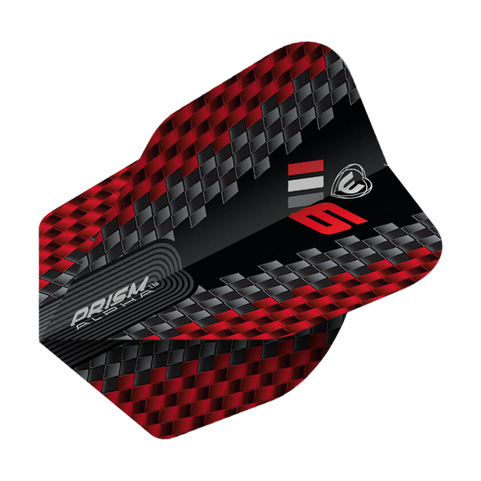Letky Winmau Prism Alpha Blade 6 Chevron No6 Das Bild zeigt ein Winmau Prism Alpha Blade 6 Chevron No6 Flight für Dartpfeile. Das Flight hat ein rot-schwarzes Karomuster mit silbernen und roten Akzenten.
