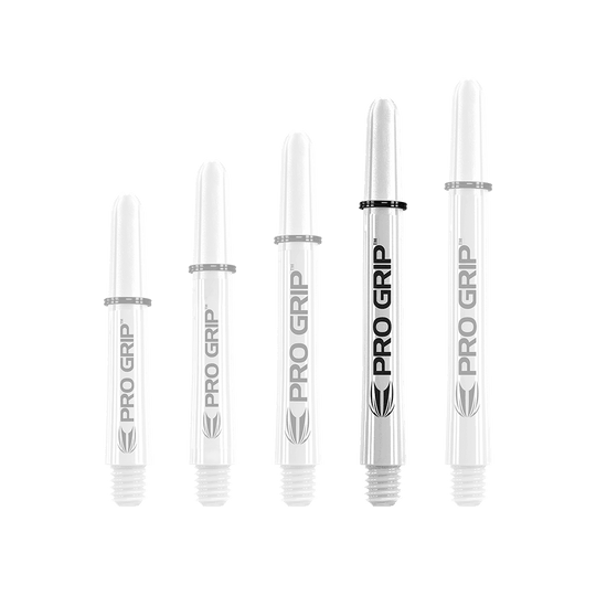 Target Pro Grip Shafts – 3 sady – White Auf dem Bild sind fünf weiße Pro Grip Shafts für Dartpfeile in unterschiedlicher Länge zu sehen. Sie sind mit dem Schriftzug "PRO GRIP" und einem schwarzen Ring versehen.