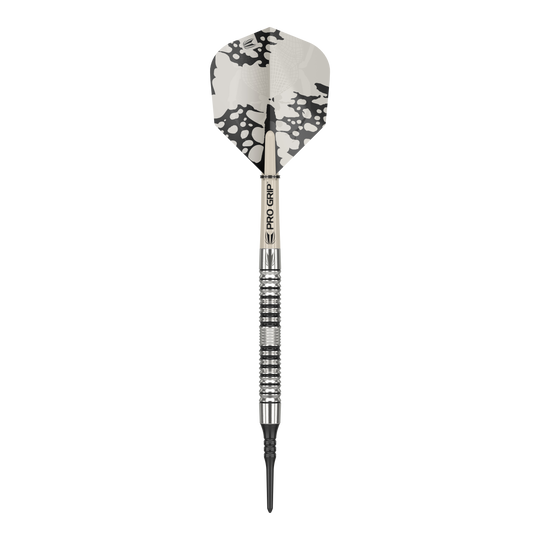 Měkké šipky Target EXO 10 Das Bild zeigt einen Target EXO 10 Softdart. Der Dart hat ein silbernes und schwarzes Design mit einem gemusterten Flight.