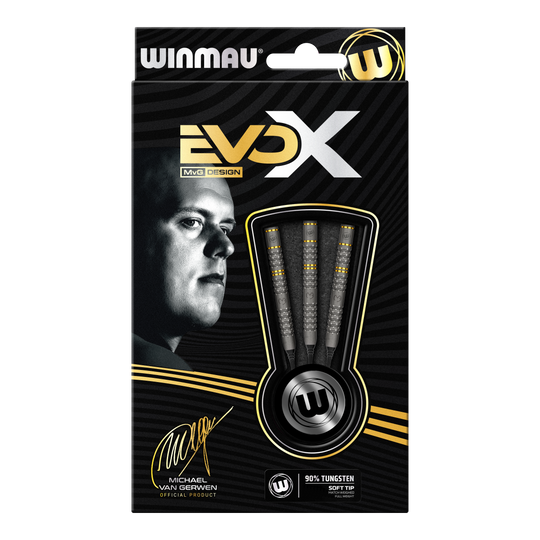Die Abbildung zeigt die Verpackung der "Winmau Michael Van Gerwen Evo-X Softdarts - 20g". Auf der Vorderseite sind drei Softdarts sowie ein Porträt von Michael Van Gerwen zu sehen.