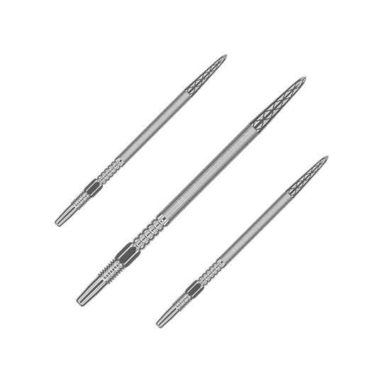 Šipkové hroty Target Swiss Point DX - Stříbrné Das Bild zeigt drei silberne Dartspitzen, die nebeneinander angeordnet sind. Sie haben eine geriffelte Struktur und eine spitz zulaufende Form.