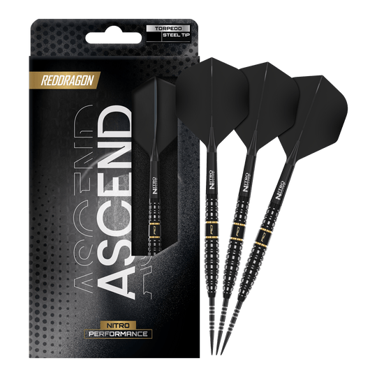 Šipky Red Dragon Ascend Torpedo Steel Zu sehen ist das komplette Set der Red Dragon Ascend Torpedo Steeldarts. Die Aufnahme zeigt alle enthaltenen Komponenten des Produkts.