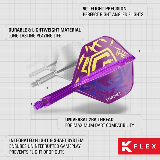 Das Bild zeigt die Target K-Flex Luke Littler World Champion 2025 No6 Flights in auffälligem lila Design. Die Dartflüge sind langlebig, leicht und bieten eine präzise 90°-Ausrichtung sowie ein integriertes System für unterbrechungsfreies Spielen.