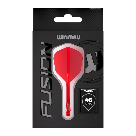 Hier ist das Winmau Fusion Flight-Shaft-System No6 in Rot abgebildet. Dieses Produkt ist ideal für Dartspieler geeignet.