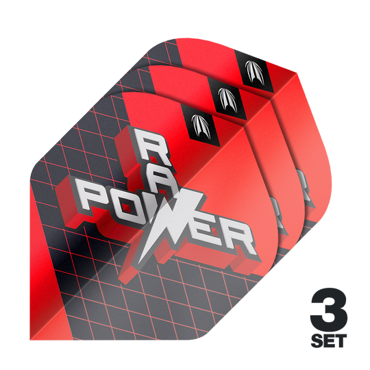 Das Bild zeigt drei Sets der Target Pro Ultra Phil Taylor Power 9Five GEN11 No2 Standard Flights. Die Flights sind rot-schwarz gestaltet und tragen den Schriftzug "POWER".
