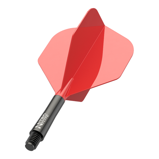 Red Dragon Nitroplite - Black Shaft Red No2 Flights Zu sehen ist ein Nitro-Flite in Schwarz und Rot, Short Größe, 22 mm. Das Bild zeigt die Details und Farben des Dart-Flights.