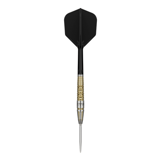 Šipky Target Black Marque Warrior Swiss Point Steel Das Bild zeigt einen Target Black Marque Warrior Swiss Point Steeldart. Der Dart hat eine schwarze Flight, einen gold-silbernen Griffbereich und eine spitze Stahlspitze.