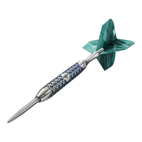 Ocelové šipky Target Rove 01 Swiss Point Das Bild zeigt einen Target Rove 01 Swiss Point Steeldart mit silbernem Schaft und blau-grünen Akzenten. Am hinteren Ende befindet sich eine grün gemusterte Dartflügel.
