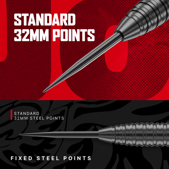 Gezeigt werden die Red Dragon Jonny Clayton Core Brass Steeldarts - 21g. Die Darts sind mit roten Flights ausgestattet.