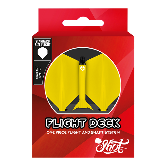 Das Bild zeigt das Produkt "Shot Flight Deck No2 Standard Flight-System - Gelb" in einer roten Verpackung. In der Mitte ist ein gelbes, einteiliges Flight- und Shafts-Set für Darts abgebildet.