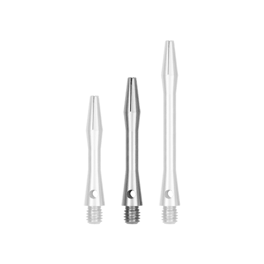 517_Aluminium_Shafts_Silber_35mm_131026s0NCubzI Auf dem Bild sind drei Aluminium Shafts in Silber zu sehen, die unterschiedlich lang sind. Sie haben ein glattes, glänzendes Finish und sind unten mit einem Gewinde versehen.