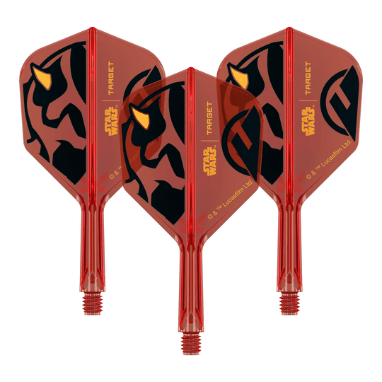 Target Star Wars K-Flex Darth Maul č. 6 lety Ein Set von Dartflights mit Star Wars Motiv, wie im Dateinamen '410520_Target_StarWars_KFlex_DarthMaul_No6_Flights_Short_19mm_1Set' angegeben. Das Bild zeigt mehrere Flights im Darth Maul Design.