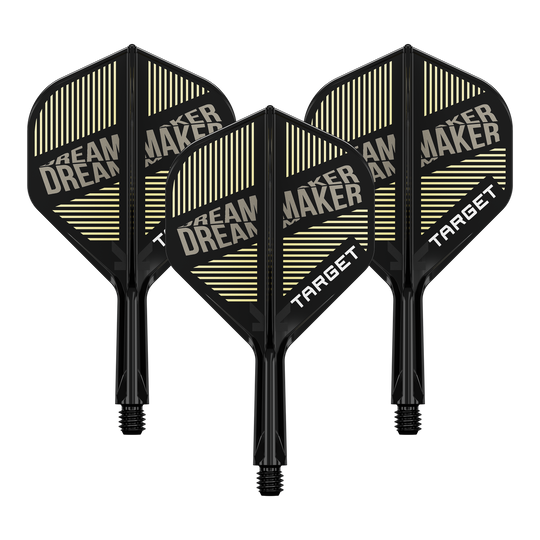 Systém standardní letové hřídele Target K-Flex Dimitri Van Den Bergh No2 Auf dem Bild sind drei schwarze Dartflights mit integriertem Schaft zu sehen. Auf den Flights steht „DREAM MAKER“ und „TARGET“ in weißen Buchstaben.