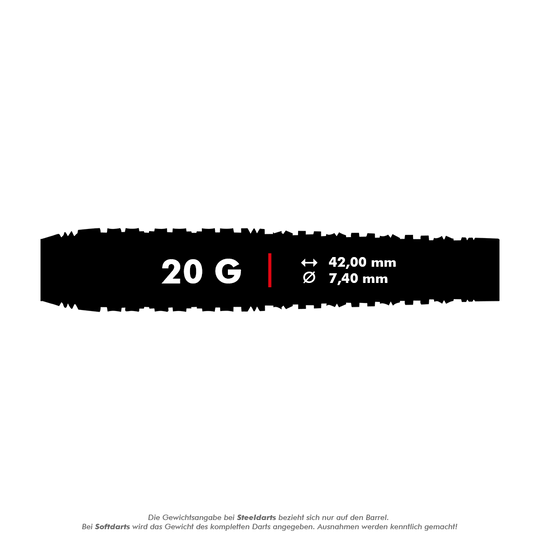Měkké šipky Shot Redline Mach 1 - 20g Das Bild zeigt die Produktinformationen für die Shot Redline Mach 1 Softdarts mit einem Gewicht von 20 Gramm. Die Darts haben eine Länge von 42,00 mm und einen Durchmesser von 7,40 mm.