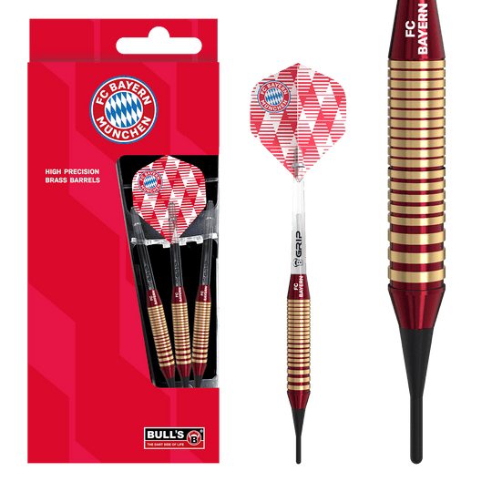 Das Bild zeigt die Bulls FC Bayern München Brass Softdarts mit einem Gewicht von 18g. Das Produkt ist speziell für Fans des FC Bayern München entworfen.