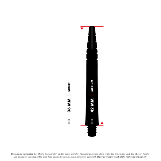 RDS440_Red_Dragon_Nitrotech_Shafts_5_42mm Das Bild zeigt die RedDragon Nitrotech Shafts in der Farbe Lila und vergleicht die Längen "Short" (36 mm) und "Medium" (42 mm). Die genauen Messpunkte werden durch rote Linien angezeigt, wobei das Gewinde nicht mit einberechnet wird.