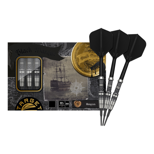 Das Bild zeigt das Produkt "Target Japan Black Marque Heracles Softdarts - 18g" mit drei schwarzen Softdarts. Die Verpackung ist mit maritimen Motiven und goldenen Details gestaltet.