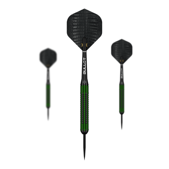 Šipky Bullet Gator Brass Steel - 22g Auf dem Bild ist ein Set der Bullet Gator Brass Steeldarts - 22g zu sehen. Das Set enthält mehrere Darts mit je 22 Gramm Gewicht.