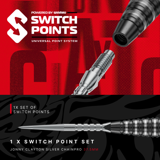 Šipky Red Dragon Jonny Clayton RD-PRO Switch Point ocelové Das Bild präsentiert Red Dragon Jonny Clayton RD-PRO Switch Point Steeldarts. Die Dartpfeile sind geordnet auf einer hellen Fläche zu sehen.