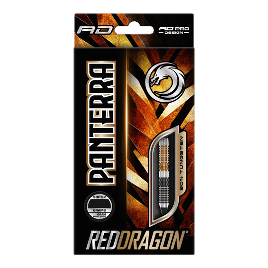 Měkké šipky Red Dragon Panterra - 20g Das Bild zeigt eine Verpackung der "Red Dragon Panterra Softdarts - 20g". Die Packung ist auffällig gestaltet und hebt den Schriftzug "Panterra" sowie das Red Dragon-Logo hervor.