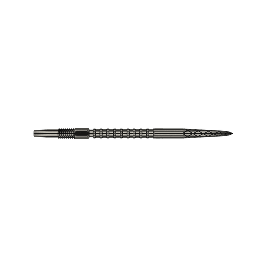 Špičky pro šipky Target Swiss DS Surge Point – černé Das Bild zeigt eine schwarze Dartspitze mit geriffelten und eingekerbten Mustern. Die Spitze ist 35 mm lang und hat ein elegantes, technisches Design.