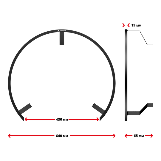 Das Bild zeigt die Mission Torus 270 LED Dartboard Beleuchtung in einer schematischen Darstellung. Es sind die Maße des Beleuchtungsrings mit 640 mm Außendurchmesser, 430 mm Innendurchmesser, 19 mm Dicke und 65 mm Tiefe angegeben.