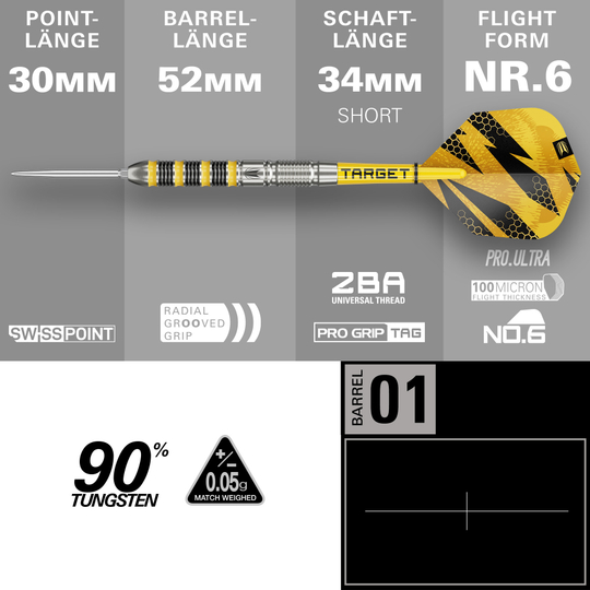 Ocelové šipky Target Buzz 01 Swiss Points Das Bild zeigt die Target Buzz 01 Swiss Points Steeldarts. Die Darts sind speziell für Präzision und Leistung entworfen.