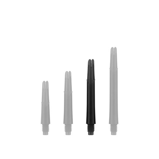 L-L-Style-Shafts Uzamčené rovné - Černé Auf dem Bild sind vier schwarze, gerade Dartschäfte in unterschiedlichen Längen zu sehen. Sie stehen nebeneinander aufrecht auf einem neutralen Hintergrund.