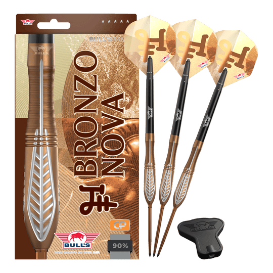Šipky Bulls NL Bronzo Nova Convertible Point Steel Darts Das Bild zeigt Bulls NL Bronzo Nova Convertible Point Steeldarts in Komplettdarstellung. Das Set ist metallfarben.