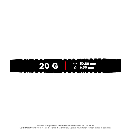 RD2411_Red_Dragon_Peter_Wright_Double_World_Champion_SE_Black_Softdarts_5_20g Das Bild zeigt die Maße und das Gewicht des "Red Dragon Peter Wright Double World Champion SE Black Softdarts - 20g". Der Dart wiegt 20 Gramm, ist 50,80 mm lang und hat einen Durchmesser von 6,50 mm.