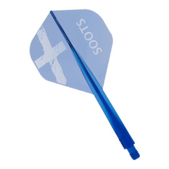 Das Bild zeigt das Produkt "Condor AXE Soots Flight-System - Standard". Es handelt sich um einen blauen Dart-Flight mit der Aufschrift "SOOTS" und einem weißen X.