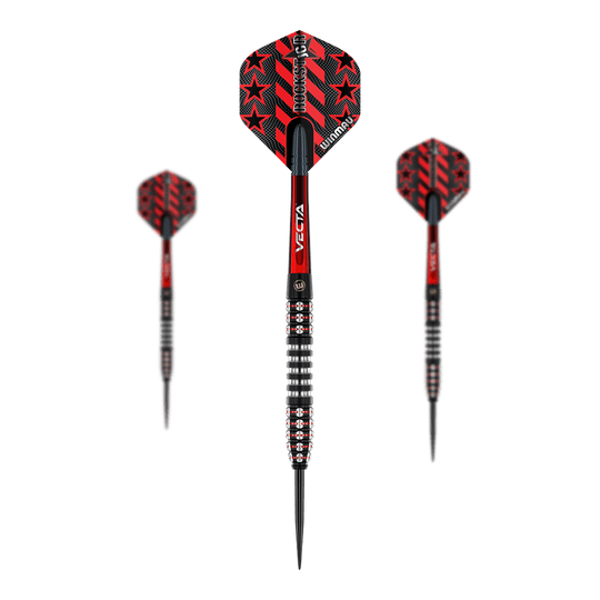 Winmau Joe Cullen Ignition Series Steeldarts Das Bild zeigt die Winmau Joe Cullen Ignition Series Steeldarts. Die Darts sind schwarz und rot gestaltet und haben rote Sterne auf den Flights.